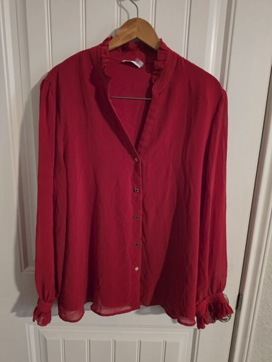 Calvin Klein Collection Tops - Calvin Klein Red Chiffon Blouse Women Ruffle Collar Gold Button LongSleeve L/XL?